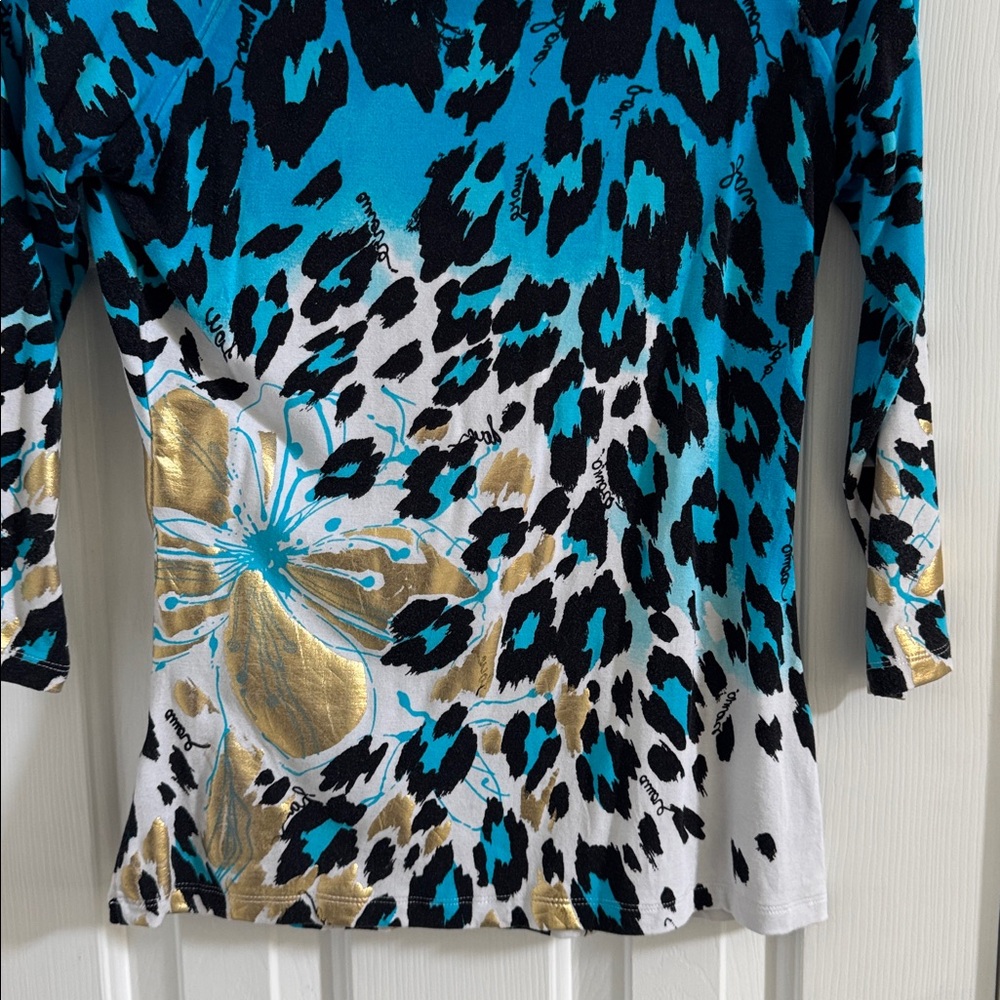 Caché Vintage Rare Multicolor Animal Print Top w/ Gold Metallic Embellishments - Picture 8 of 11